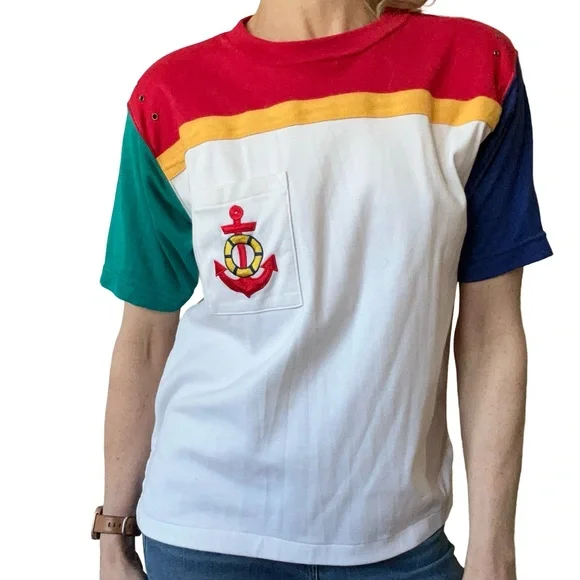 Vintage 1980’s RUSS Petites Red Anchor Pocket Graphic Thick T-Shirt Top Size M - Picture 3 of 7